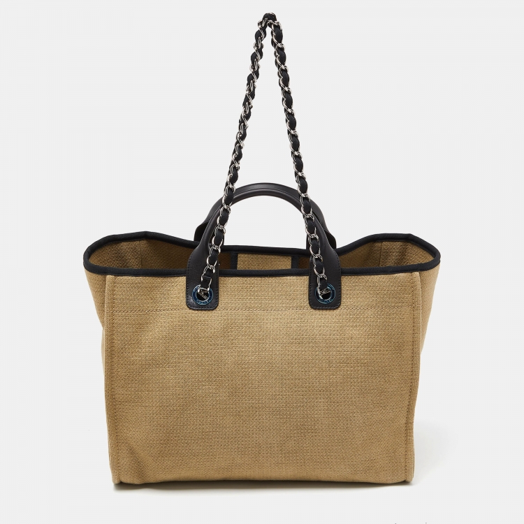 Pre Owned Chanel Beige/Black Canvas and Leather Large Deauville Shopper Tote