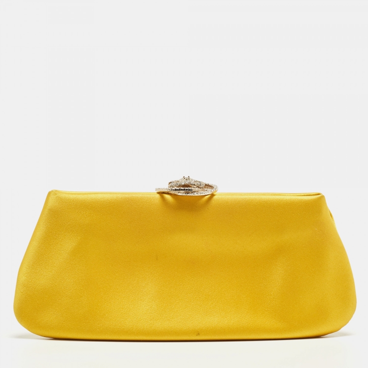 Chanel Yellow Satin Crystals Embellished CC Camellia Frame Clutch