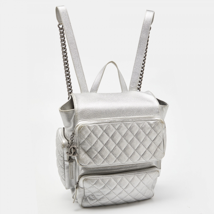 Pre Owned Chanel Silver Quilted Caviar Leather Casual Rock Backpack