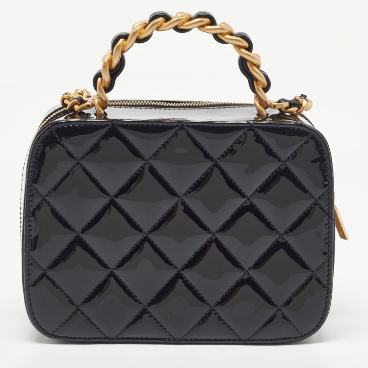 Pre Owned Chanel Black Quilted Patent Leather CC Chain Handle Vanity Bag