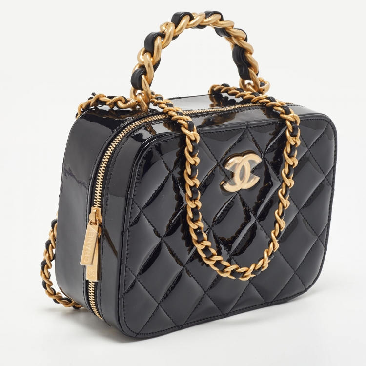 Pre Owned Chanel Black Quilted Patent Leather CC Chain Handle Vanity Bag