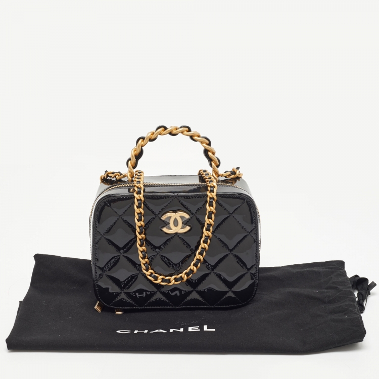 Pre Owned Chanel Black Quilted Patent Leather CC Chain Handle Vanity Bag