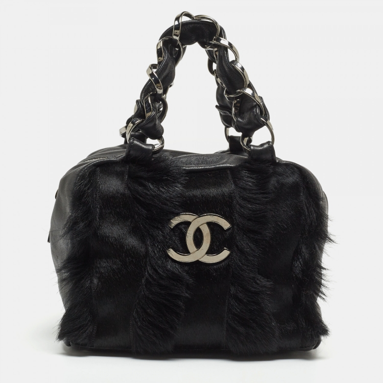 Chanel Black Leather And Calf Hair Boston Bag