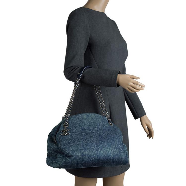 Pre Owned Chanel Blue Camellia Embroidered Denim Large Just Mademoiselle Bowling Bag