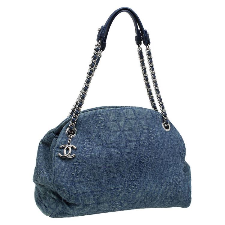 Pre Owned Chanel Blue Camellia Embroidered Denim Large Just Mademoiselle Bowling Bag