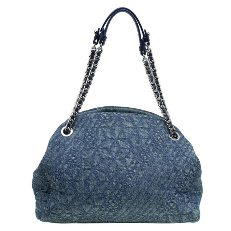 Pre Owned Chanel Blue Camellia Embroidered Denim Large Just Mademoiselle Bowling Bag