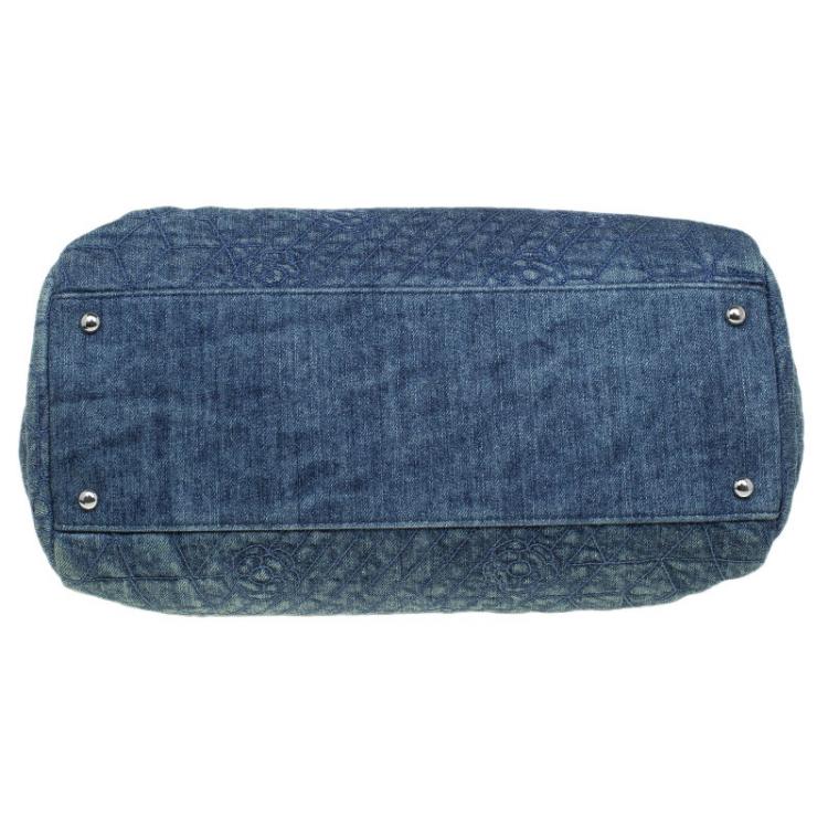 Pre Owned Chanel Blue Camellia Embroidered Denim Large Just Mademoiselle Bowling Bag