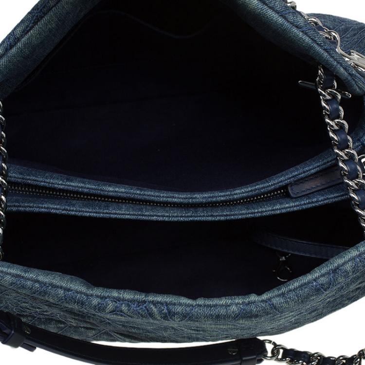 Pre Owned Chanel Blue Camellia Embroidered Denim Large Just Mademoiselle Bowling Bag