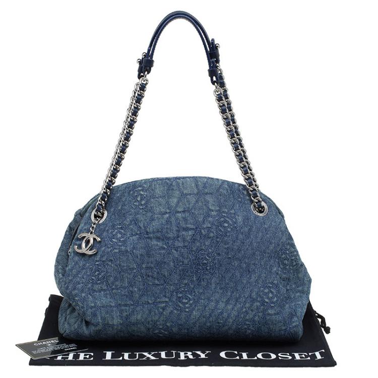 Pre Owned Chanel Blue Camellia Embroidered Denim Large Just Mademoiselle Bowling Bag
