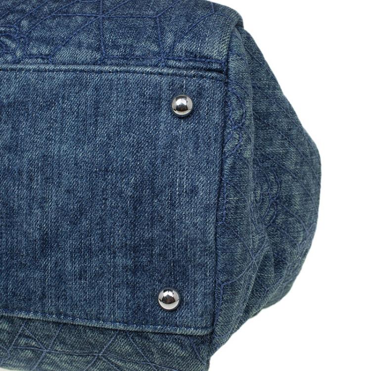 Pre Owned Chanel Blue Camellia Embroidered Denim Large Just Mademoiselle Bowling Bag