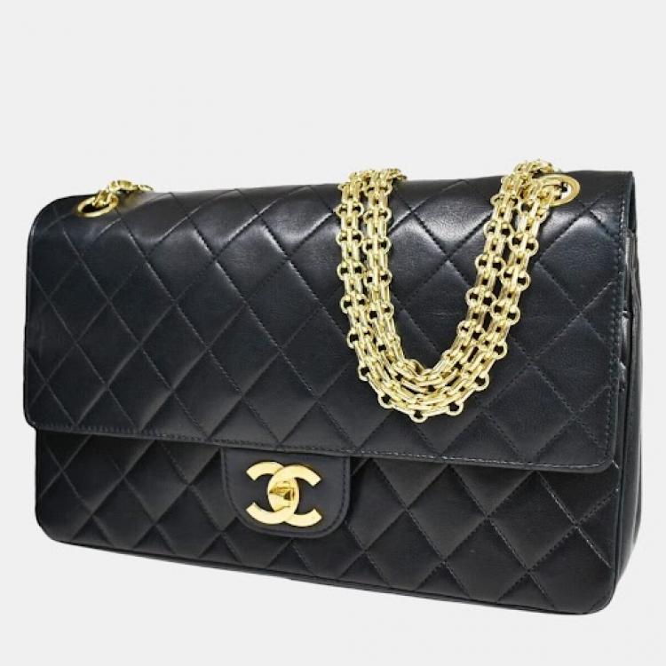 Chanel Black Leather Pony Style Calfskin  Medium Classic Double Flap Shoulder Bag