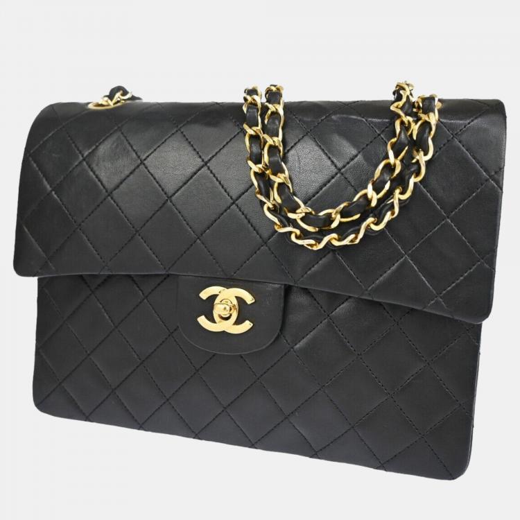 Chanel Black Leather Matelasse Medium Square Classic Double Flap Shoulder Bag