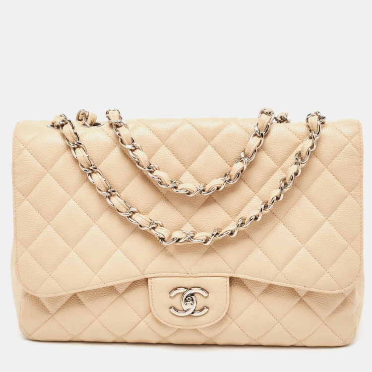 Chanel Beige Quilted Caviar Leather Jumbo Classic Single Flap Bag