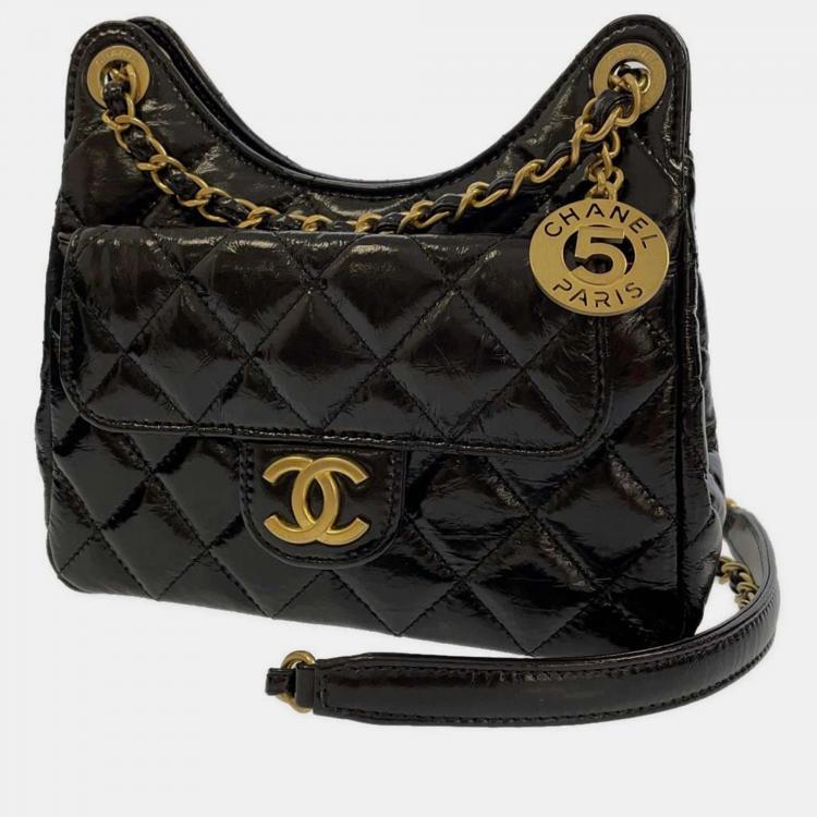 Chanel Black Shiny Calfskin Leather Small Wavy CC Hobo Bag Chanel