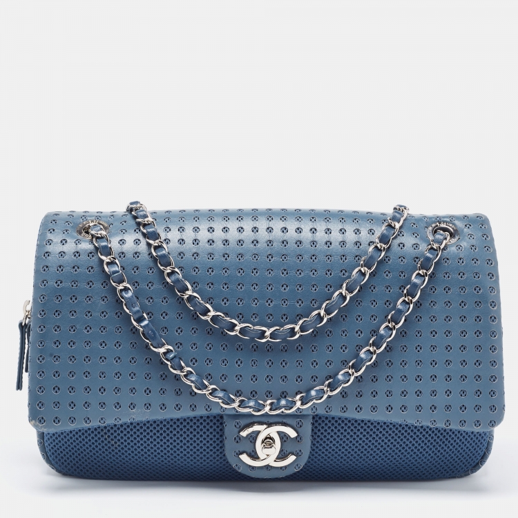 Chanel Blue Perforated Leather And Fabric Jumbo Easy Flap Bag