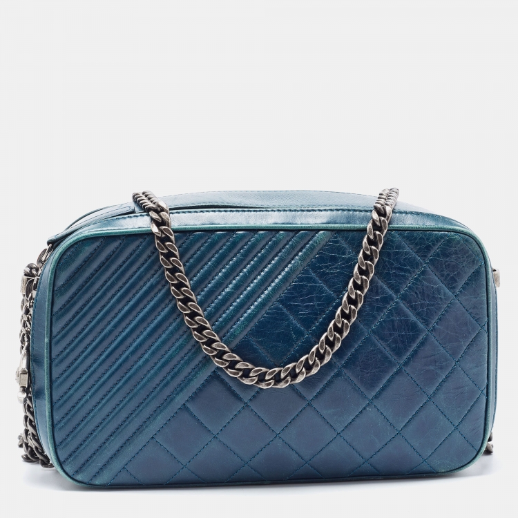 Chanel Teal Blue Quilted Leather Coco Boy Camera Case Bag