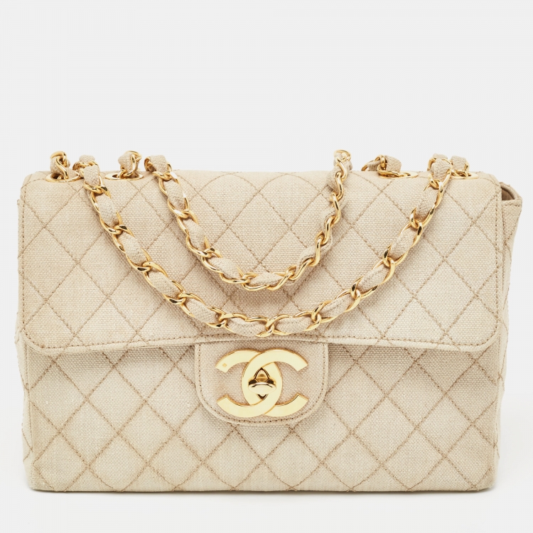 Chanel Light Beige Quilted Canvas Jumbo Classic Single Flap Bag