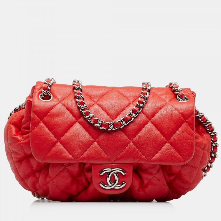 Preloved Chanel Red CC Logo Lambskin Large Chain Shoulder Tote Bag