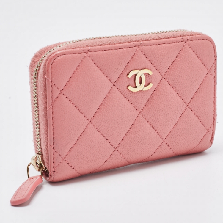 Pre Owned Chanel Pink Caviar Leather Zip Around Card Holder