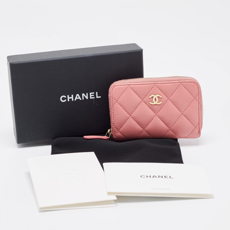 Pre Owned Chanel Pink Caviar Leather Zip Around Card Holder