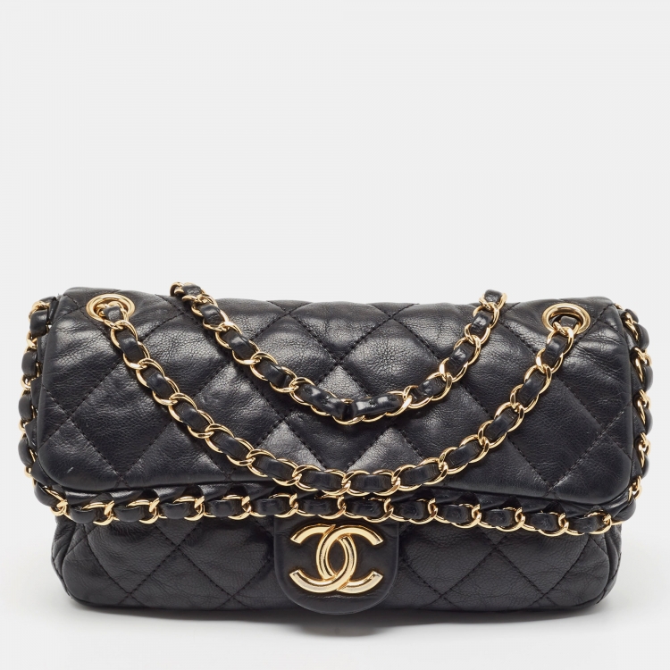 Chanel shoulder bag ladies black leather chain