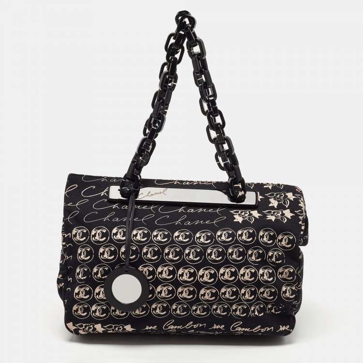 CHANEL  BLACK CANVAS AND WHITE LOGO PRINT TOTE BAG