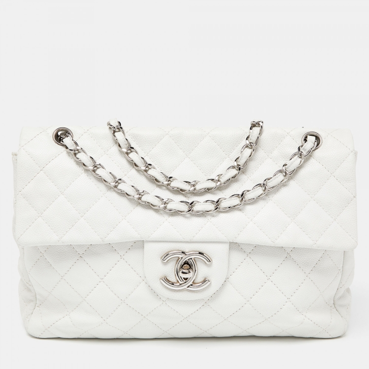 Chanel White Quilted Caviar Leather Maxi Vintage Classic Single Flap Bag  Chanel