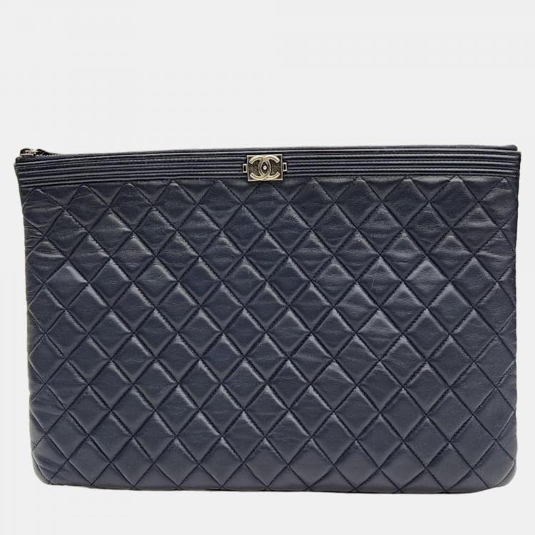 Chanel Navy Blue Lambskin Leather Large O Case Boy Clutch Bag