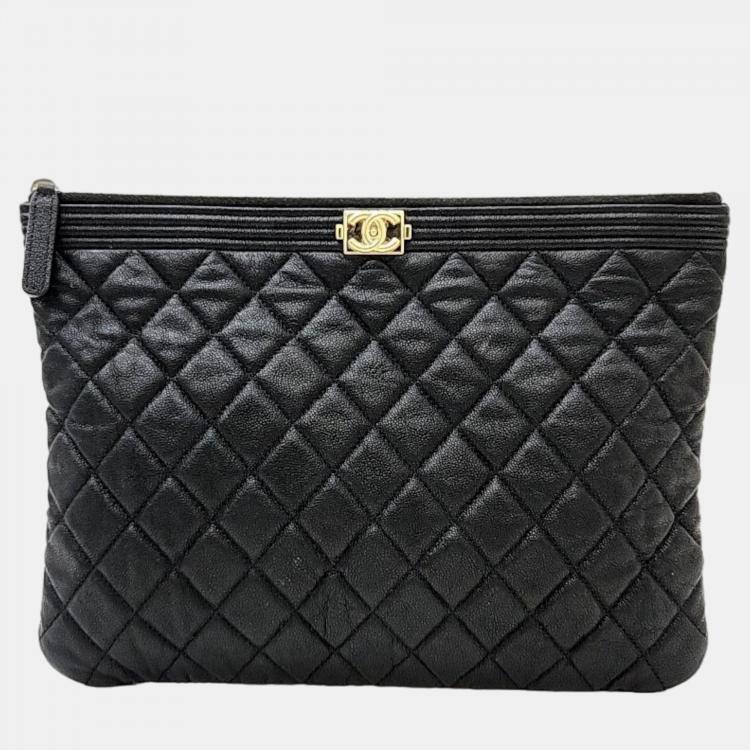 Chanel Black Caviar Leather O Case Medium Quilted Boy Clutch Bag