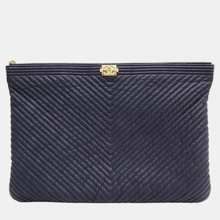 Chanel Navy Blue Caviar Leather Large O Case Boy Clutch Bag