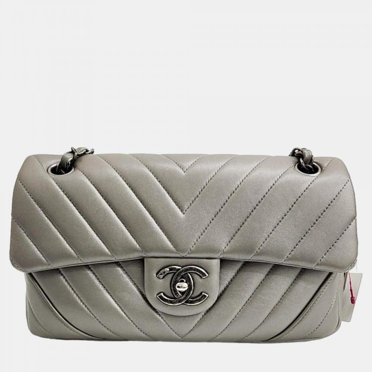 100% Authentic Chanel Boy Patent Chevron Quilted Medium Flap Bag Purse Grey