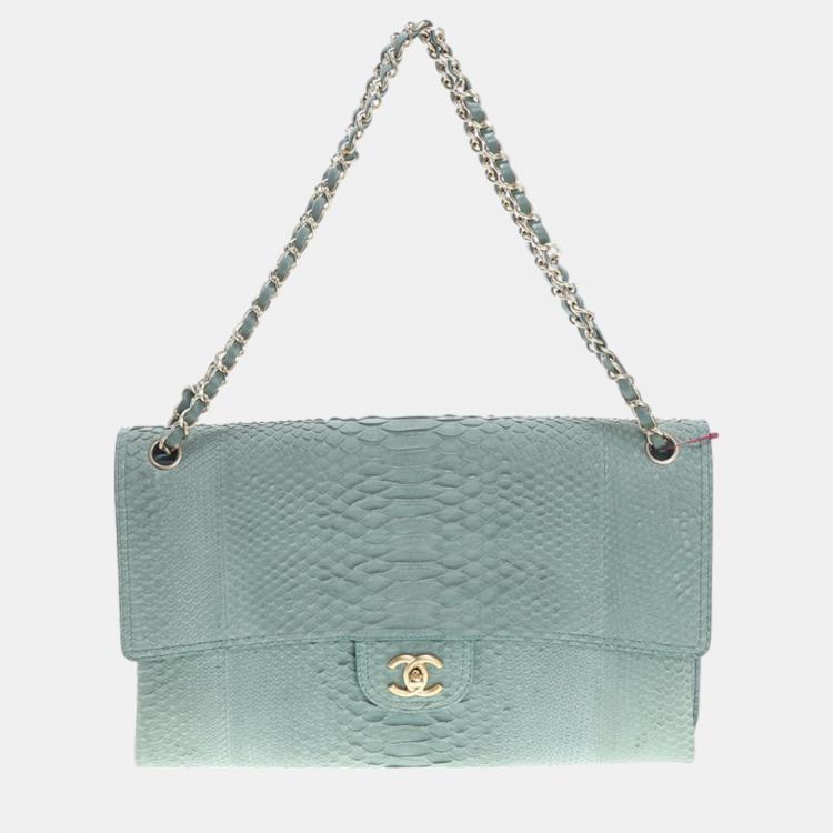 Chanel Green Python Leather Single Flap Bag