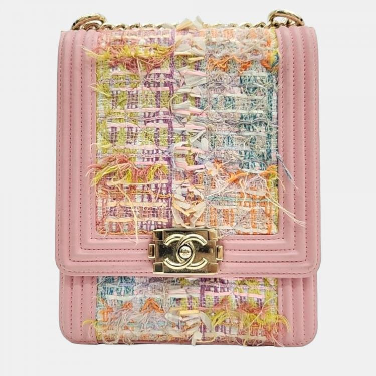 Chanel Pink Leather Tweed Boy Flap Bag