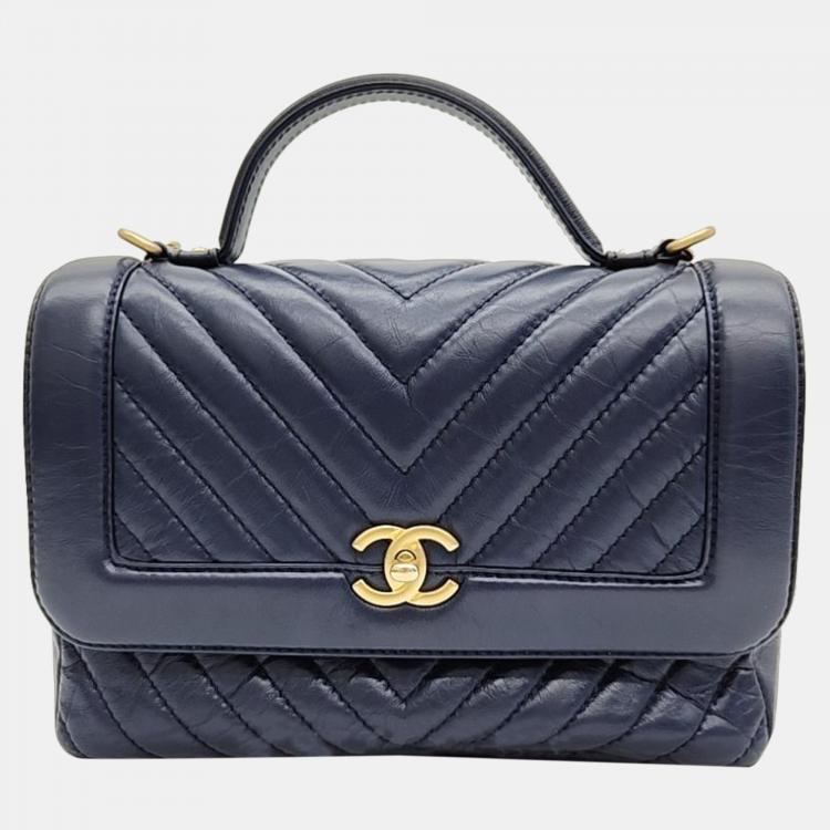 Chanel Navy Blue Leather Chevron Flap Bag Top Handle Bag