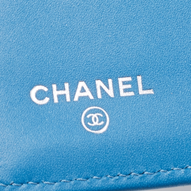 Pre Owned Chanel Light Blue Quilted Caviar Leather Trifold Classic Flap Wallet