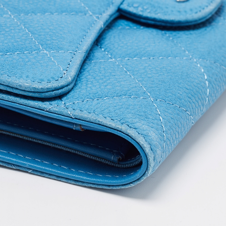 Pre Owned Chanel Light Blue Quilted Caviar Leather Trifold Classic Flap Wallet