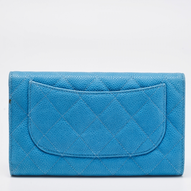 Pre Owned Chanel Light Blue Quilted Caviar Leather Trifold Classic Flap Wallet