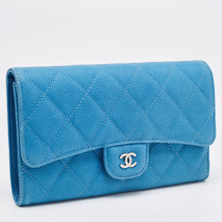 Pre Owned Chanel Light Blue Quilted Caviar Leather Trifold Classic Flap Wallet