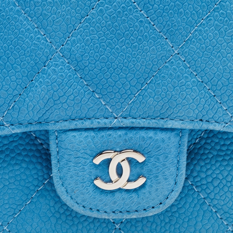 Pre Owned Chanel Light Blue Quilted Caviar Leather Trifold Classic Flap Wallet
