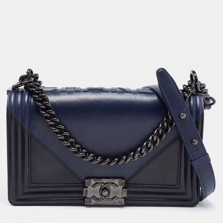 Chanel Navy Blue/Black Leather Medium Boy Flap Bag