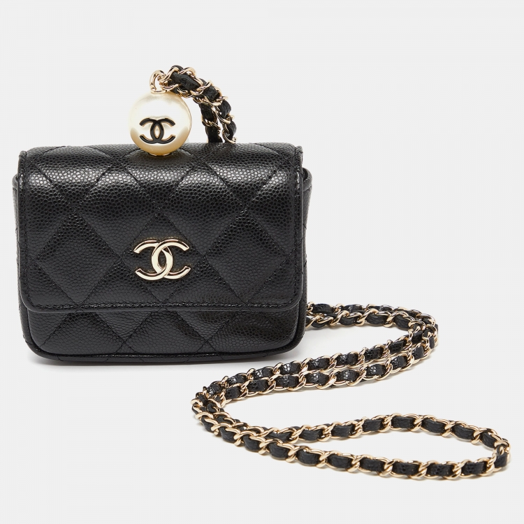 Chanel Black Caviar Leather CC Pearl Flap Chain Coin Purse