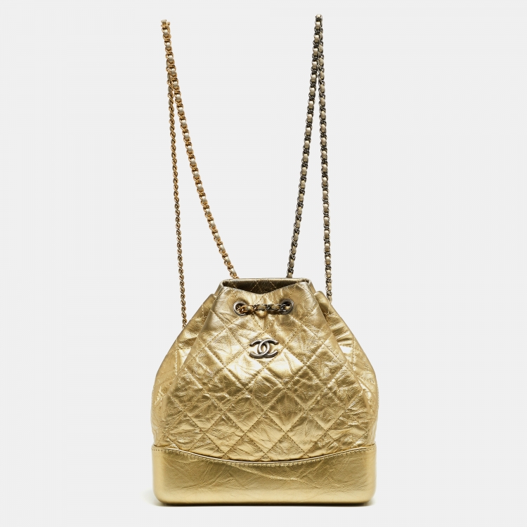 Chanel Gold Quilted Leather Gabrielle Clutch With Chain Bag