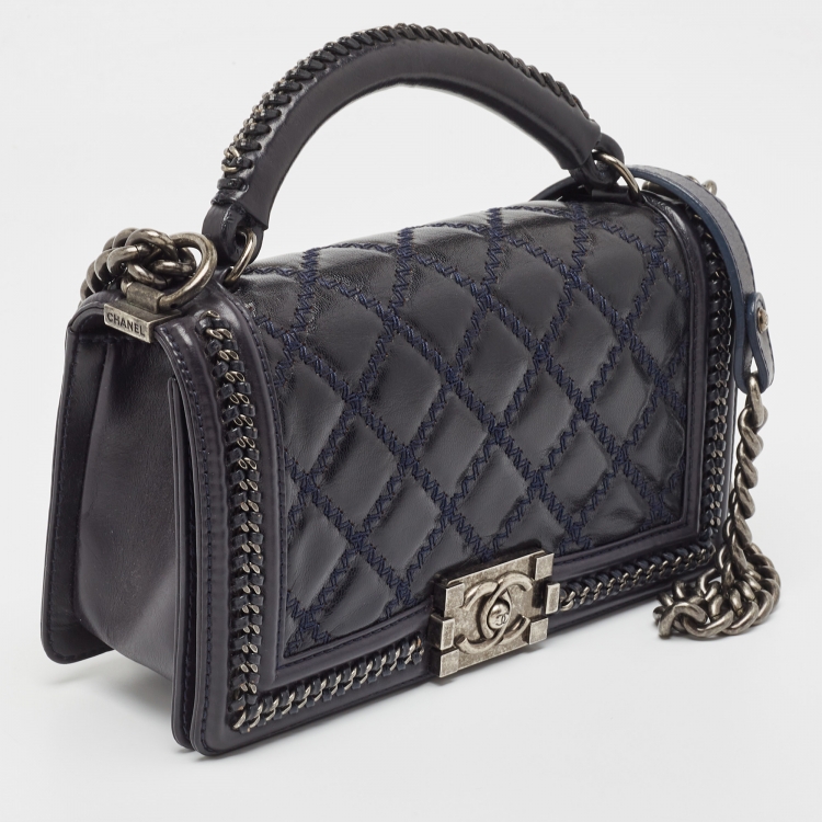Pre Owned Chanel Dark Blue Quilted Leather Medium Wild Stitch Chain Boy Top Handle Bag