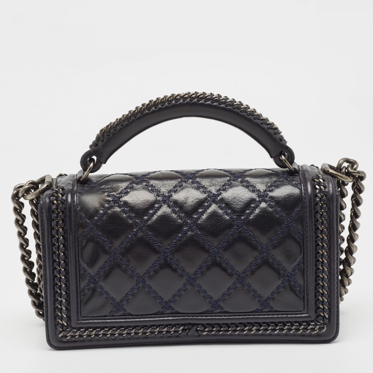 Pre Owned Chanel Dark Blue Quilted Leather Medium Wild Stitch Chain Boy Top Handle Bag