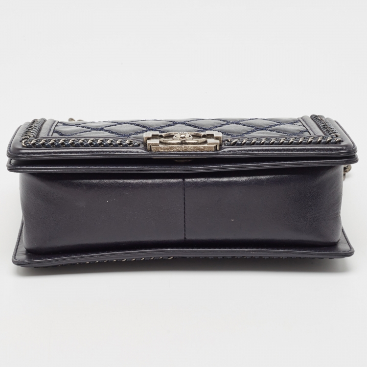 Pre Owned Chanel Dark Blue Quilted Leather Medium Wild Stitch Chain Boy Top Handle Bag