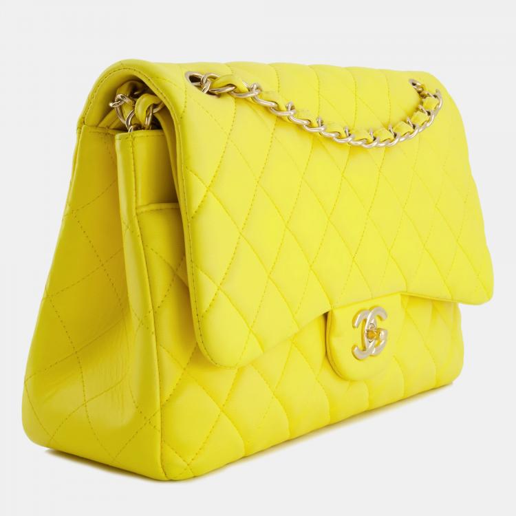 Chanel Yellow Classic Jumbo Double Flap Bag in Lambskin Leather