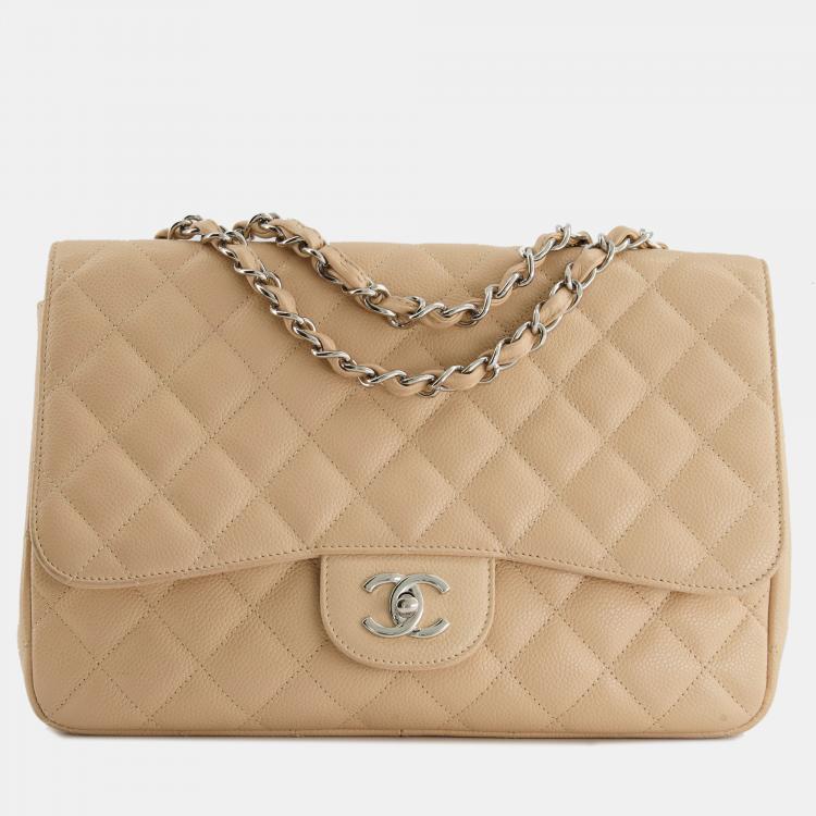 Chanel Beige Classic Jumbo Stitched Edge Single Flap Bag in Caviar Leather  with Silver Hardware Chanel