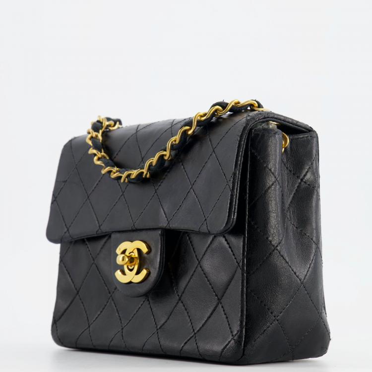 Chanel Vintage Black Mini Square Bag in Lambskin Leather with 24k