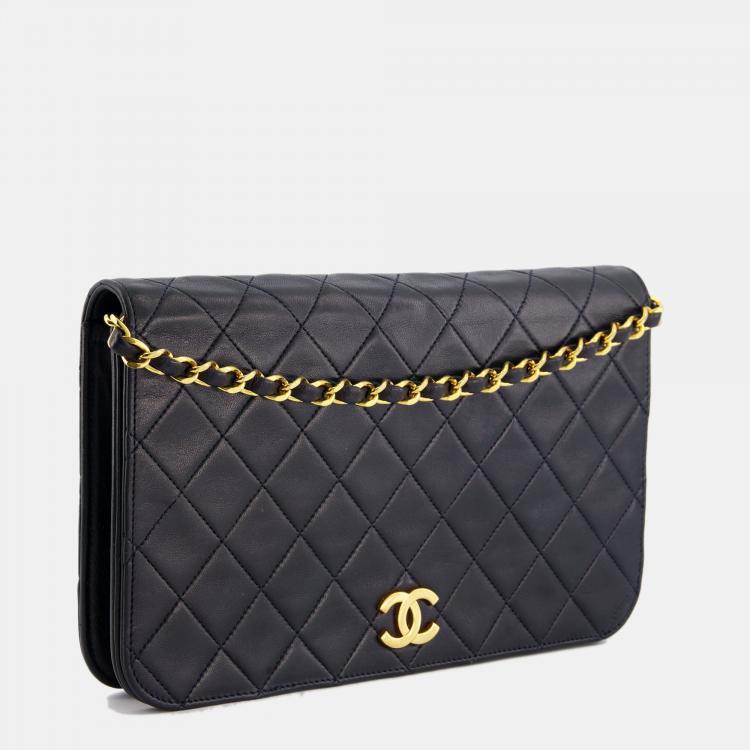 100% Classic CHANEL Black Quilted Lambskin 24K Gold Chain 10