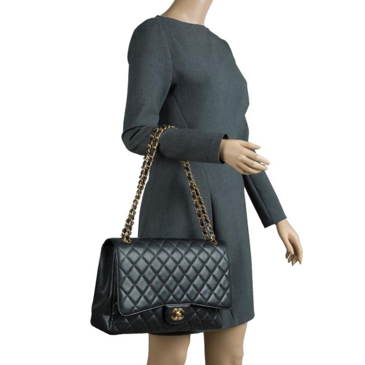 Pre Owned Chanel Black Quilted Caviar Leather Maxi Classic Flap Bag